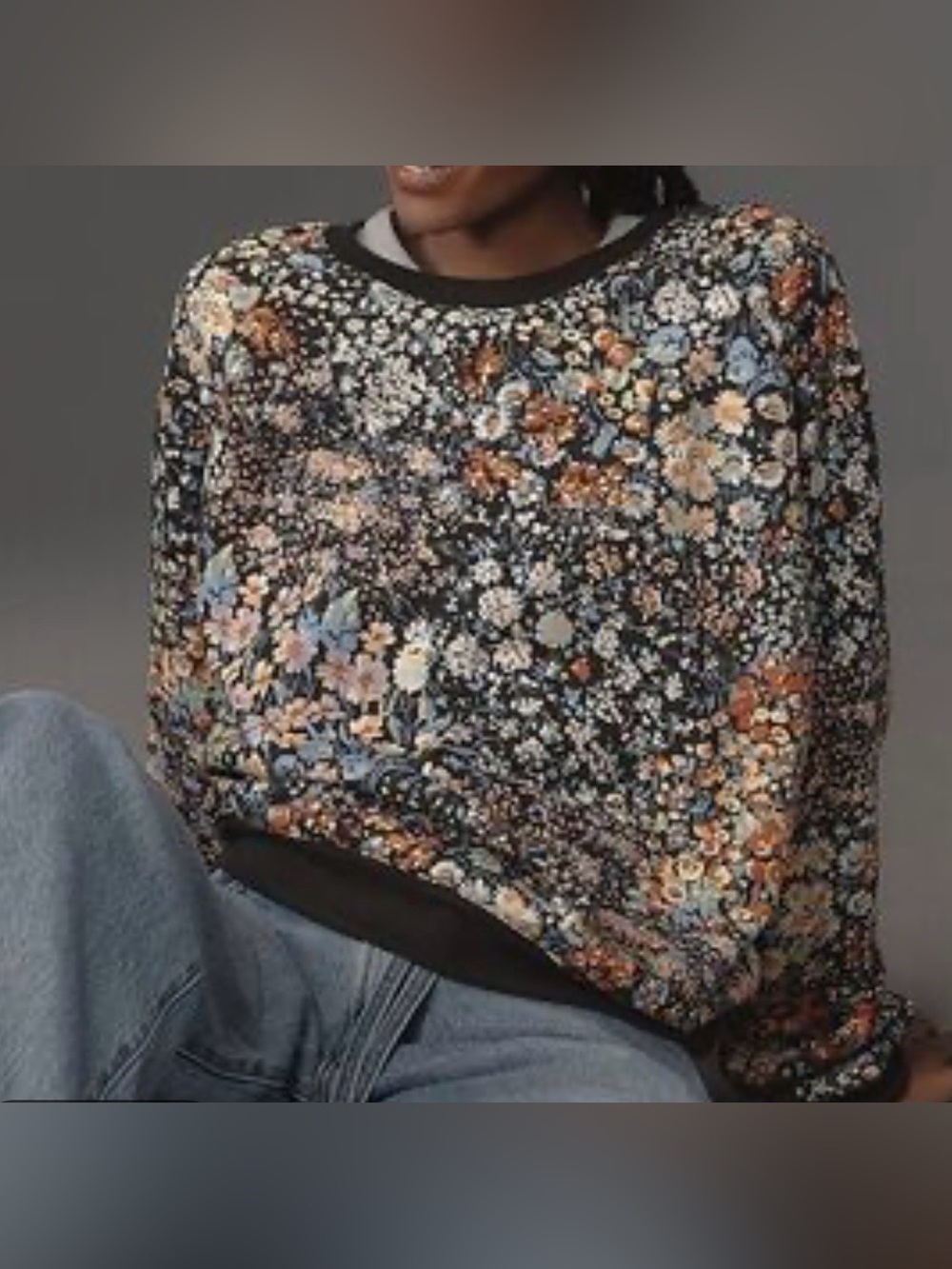 Maeve Black Floral Crewneck Sweatshirt with Blue & Peach Accents - Picture 1 of 10
